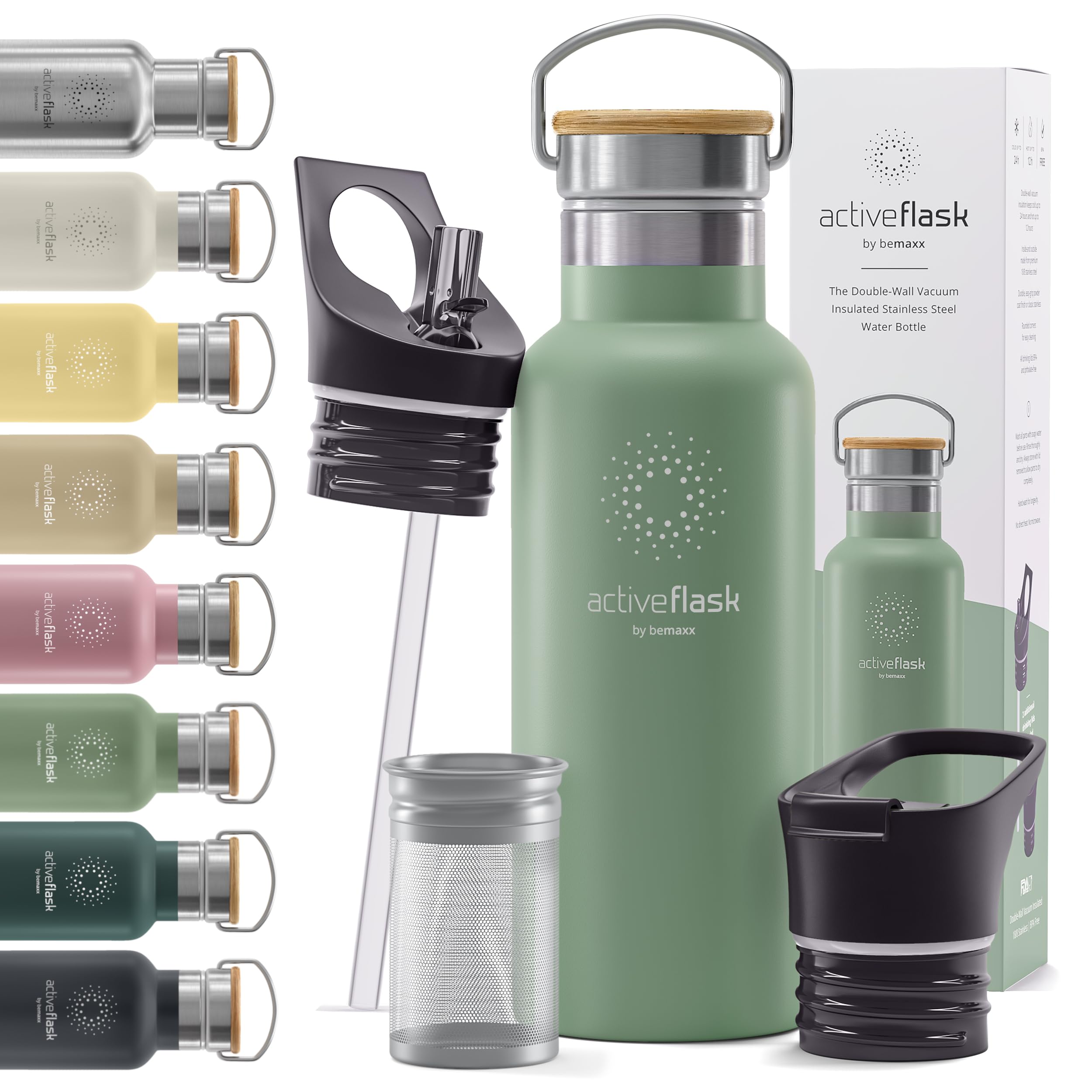 Trinkflasche Edelstahl mit Strohhalm, Infuser + 3 Deckel: BPA-frei, Auslaufsicher, Kohlensäure geeignet - Wasserflasche Fahrrad Thermosflasche Isoliert Isolierflasche Sport Wasser Flasche Kinder Tee