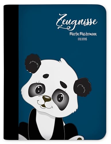 CreaDesign, Z-M-1113-01 Kinder Zeugnismappe mit Namen personalisiert, Motiv Panda Bär Blau, A4, 24 x 31 x 1 cm, mit 10 Klarsichthüllen, Rücken schwarz