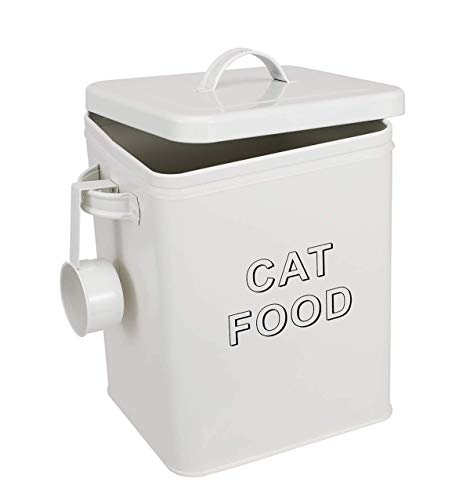 Pethiy Katzenfutterbehälter mit Holzdeckel , Leckerbissenbehälter mit Schaufel , Beschichteter Kohlenstoffstahl Aufbewahrungsbehälter-Weiß