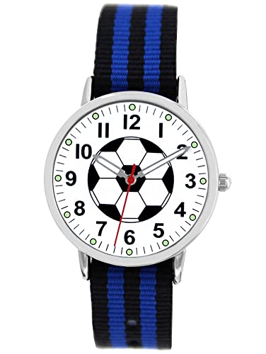 Pacific Time Jungen Armbanduhr Kinder Fußball Uhr Leuchtzeiger analog Quarz Nylon Armband Wechselarmband blau schwarz 86659