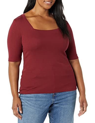 Amazon Aware Damen Übergröße Geripptes T-Shirt aus Modal mit ellenbogenlangen Ärmeln und quadratischem Ausschnitt (in Übergröße erhältlich), Dunkelrot, 6XL Große Größen