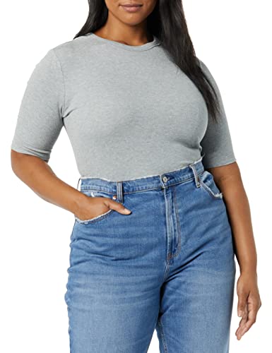 Amazon Aware Damen Geripptes T-Shirt aus Modal mit ellenbogenlangen Ärmeln und Rundhalsausschnitt (in Übergröße erhältlich), Grau Meliert, 7XL Große Größen