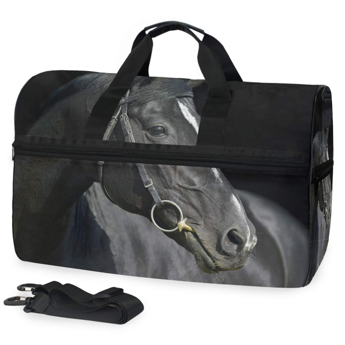 FANTAZIO Sporttasche mit Kette Schwarz Pferd Sporttasche Reisetasche Reisetasche mit verstellbarem Riemen