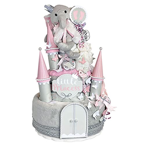 MomsStory - Windeltorte Mädchen | Windelgeschenk Windel-Schloß | Baby-Geschenk zur Geburt Taufe Babyparty | 3 Stöckig (Rosa-Grau) XXL Geburtsgeschenk mit Kuscheltier Lätzchen Schnuller Windeln & mehr