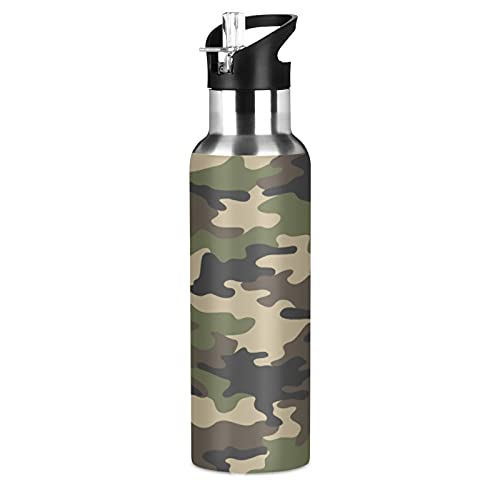 Wasserflasche mit Camouflage-Druck, Thermo-Trinkflasche mit Strohhalm, vakuumisoliert, Edelstahl, für Erwachsene, Damen, Herren, Kinder, Mädchen, Jungen, Schule, Laufen, 600 ml