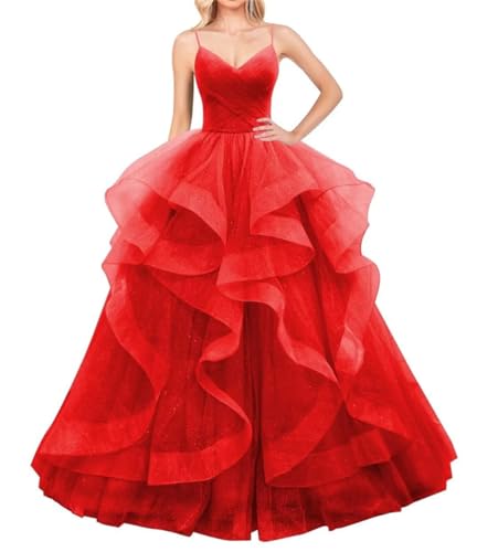 Layered Tüll Ballkleider Lange Glitzer Ballkleid A-Linie Formale Abendkleid Sparkly Festzug Kleid für Frauen, rot, 50