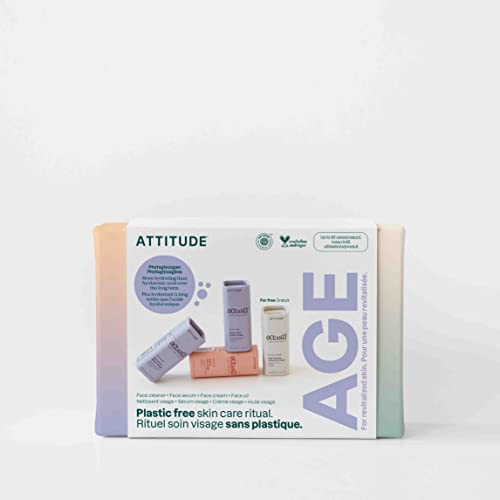 ATTITUDE Aging Skin Daily Facial Care Routine Box-Set, EWG verifiziert, plastikfrei, pflanzliche und mineralische Inhaltsstoffe, vegan und tierversuchsfrei, PHYTO AGE, Set mit 4 Riegeln in Reisegröße