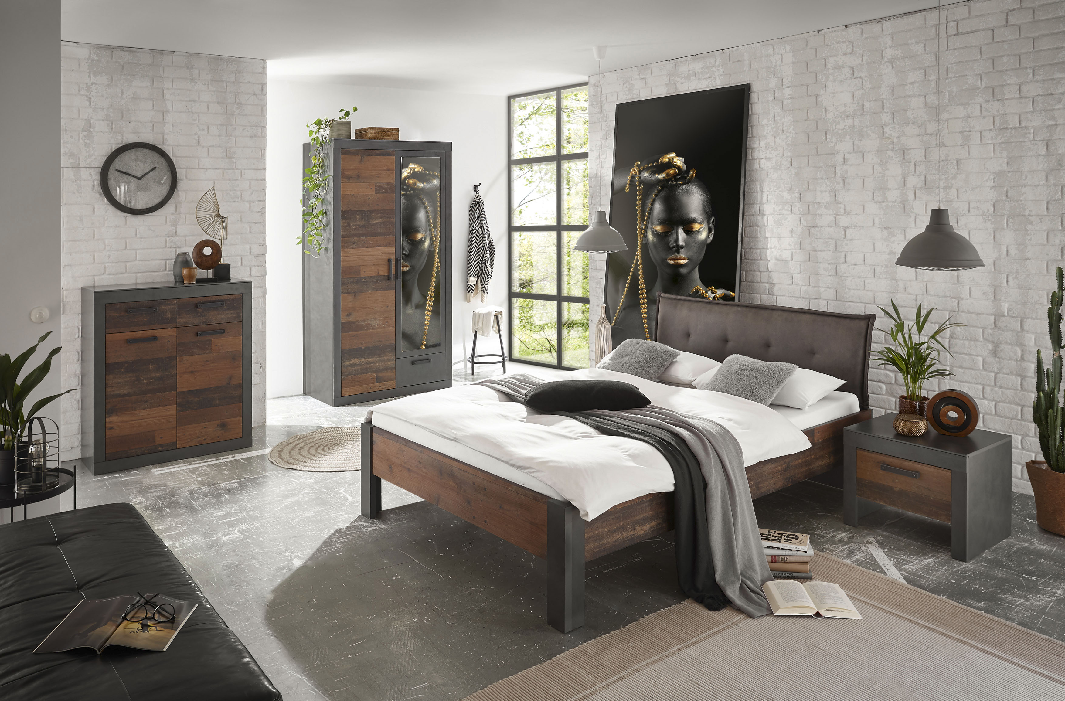 Home affaire Schlafzimmer-Set BROOKLYN, (Set, Einzelbett mit Polsterkopfteil, Nachtkommode, Kleiderschrank 2 trg., Kommode), in dekorativer Rahmenoptik