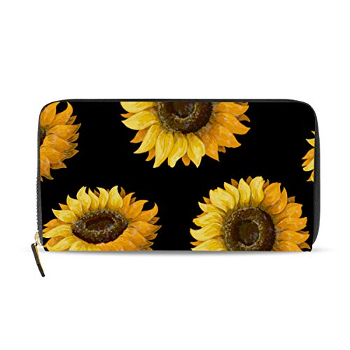 Rootti Damen-Portemonnaie mit Sonnenblumen-Muster, lang, PU-Leder, mit Reißverschluss, für Münzen, Bargeld, Handy, Clutch, Tasche für mehrere Karten