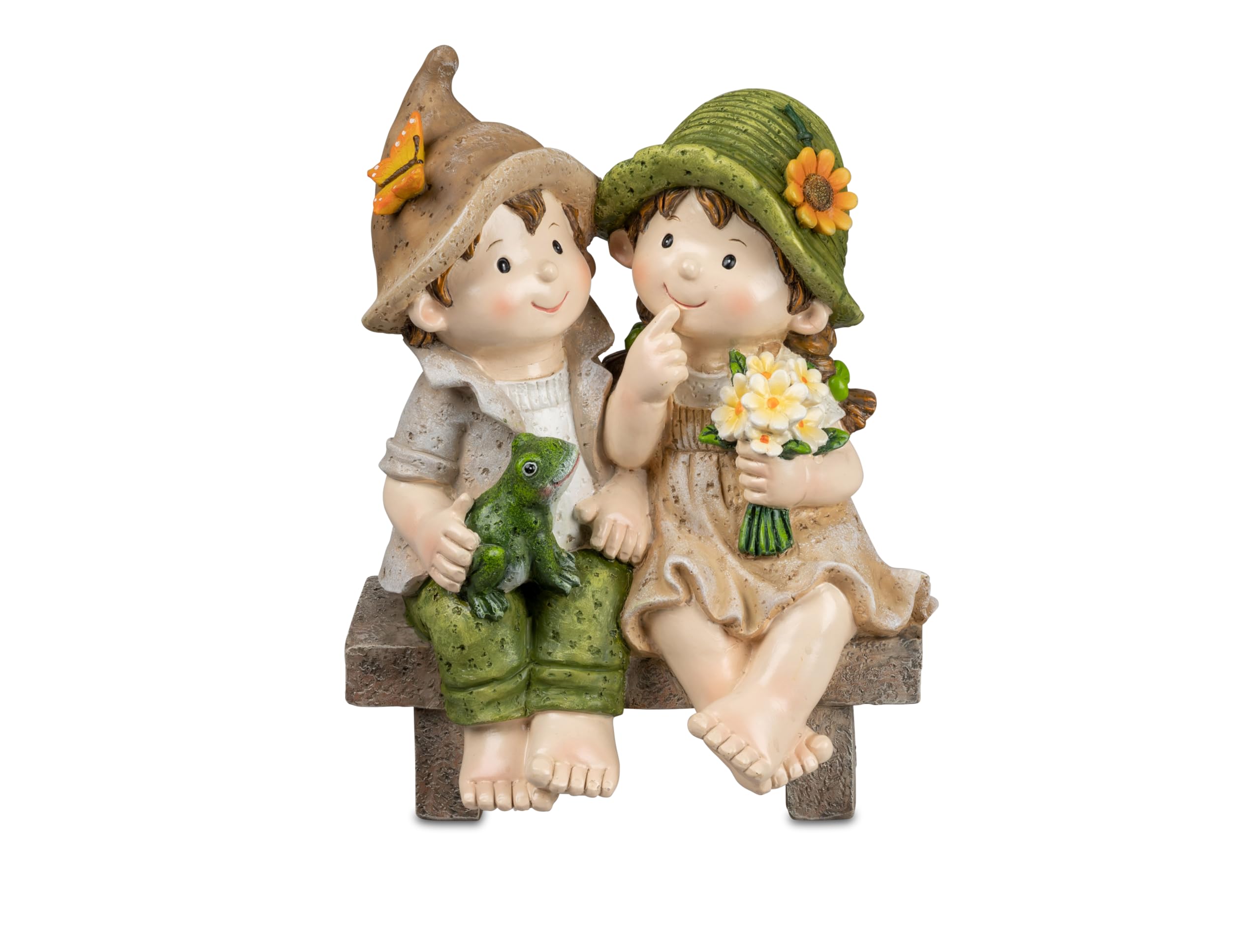 Small-Preis Deko-Figuren Sommerkinder Max und Lisa sitzend auf Bank Gartenkinder mit Blumen Frühjahrsdeko Sommerdeko für Innen und Außen 28x18cm groß 219