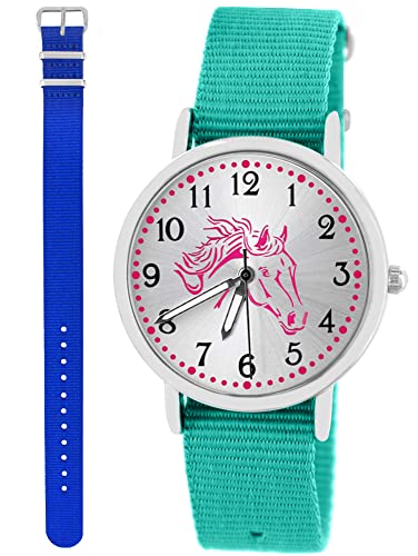 Pacific Time Kinder Armbanduhr Mädchen Junge Pferd Kinderuhr Set 2 Textil Armband türkis + royal blau analog Quarz 10573