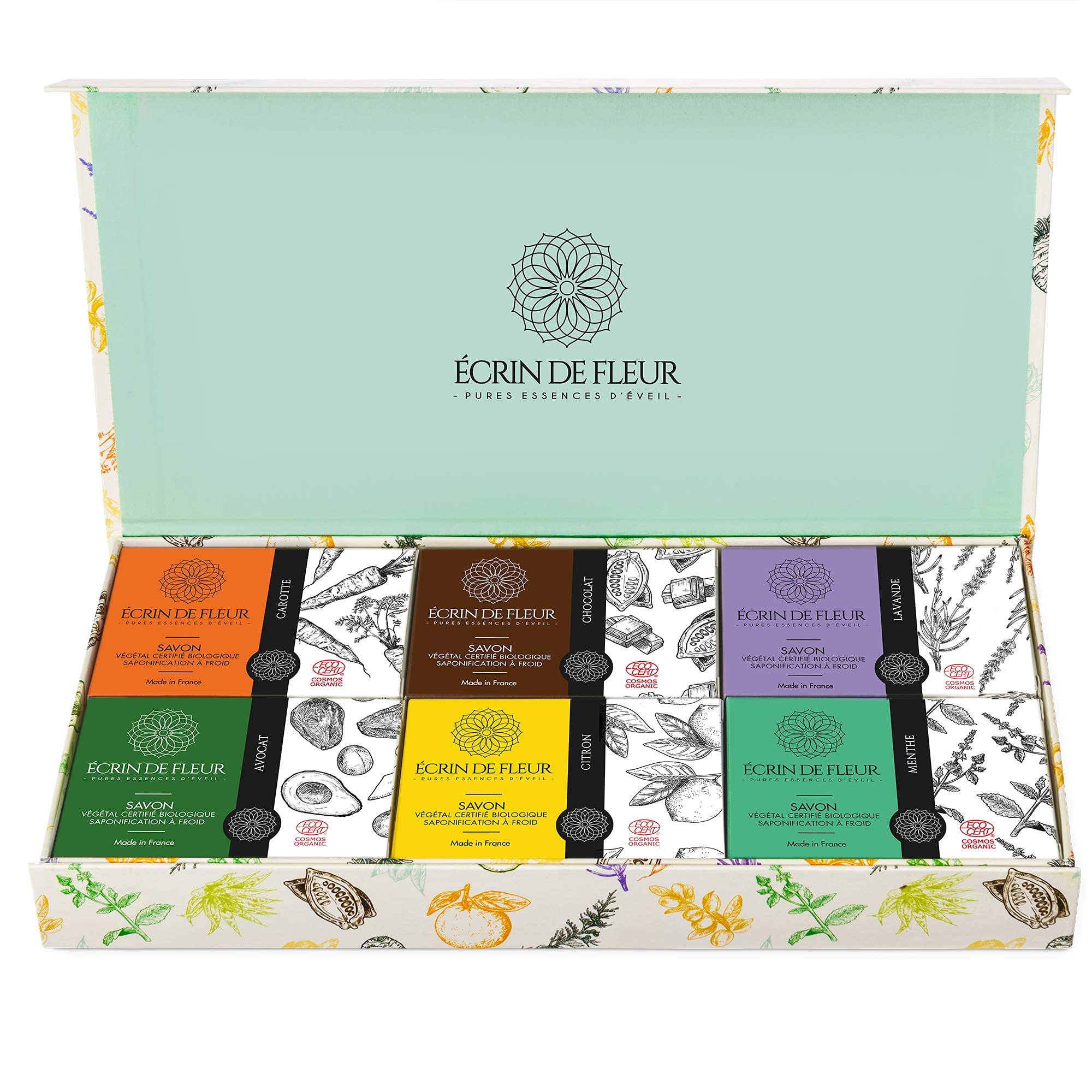 Écrin De Fleur - Seife Geschenkset - 6er Pack - Zitrone, Minze, Karotte, Avocado, Schokolade, Lavendel - Handgemachte Seifen, Natural Seife, Vegan Seife, Biologisch Abbaubare Seife, BIO-Zertifiziert