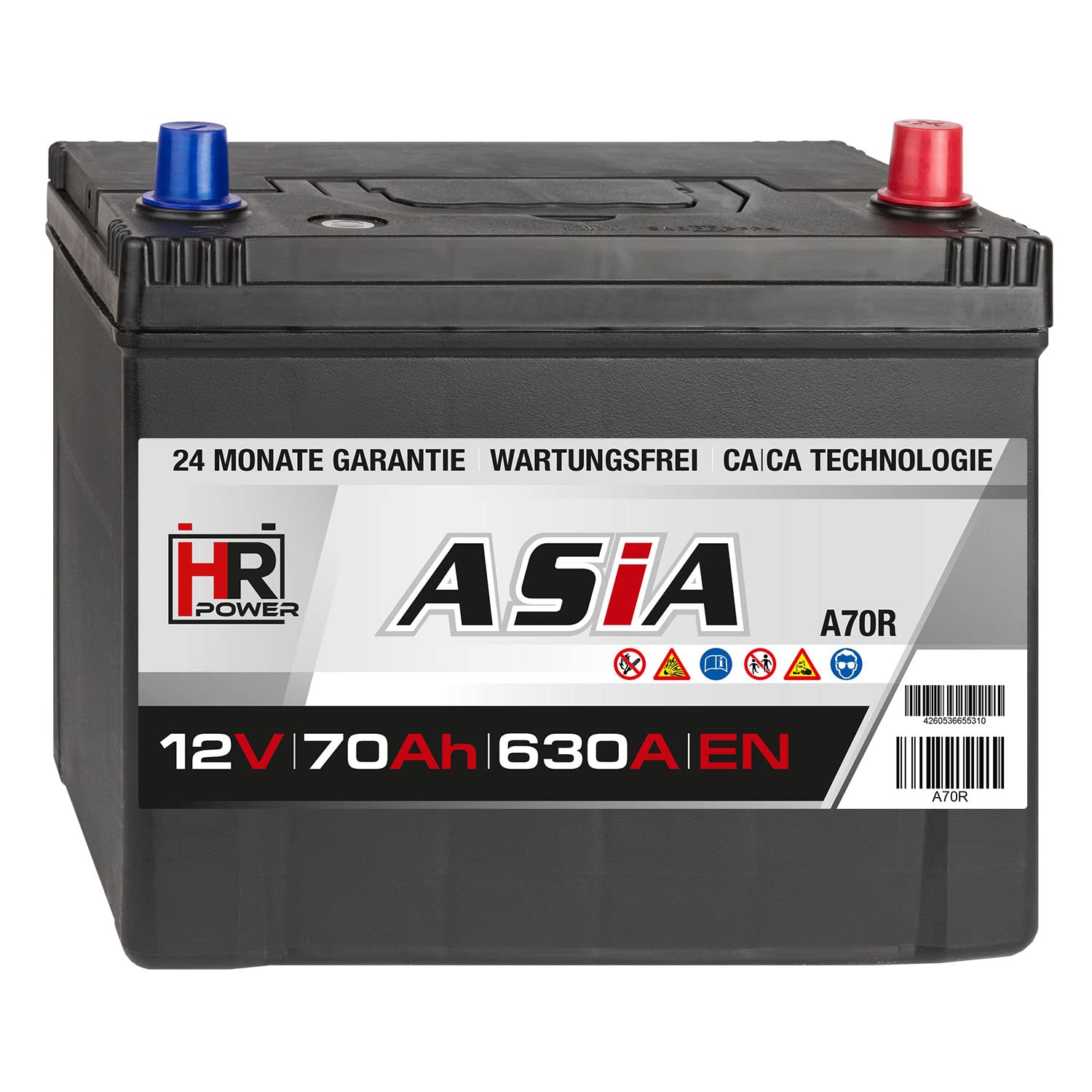 HR HiPower ASIA Autobatterie 12V 70Ah Japan Pluspol Rechts Starterbatterie ersetzt 50Ah 65Ah 70Ah 80Ah