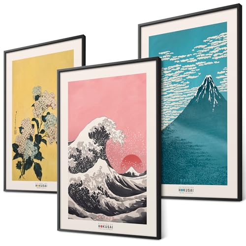 Hokusai Poster Set Japanische Wanddeko Japan Kunst Bilder Schlafzimmer Deko Wohnzimmer Dekoration Eklektische Gemälde (3x A4 | Holzrahmen Schwarz)