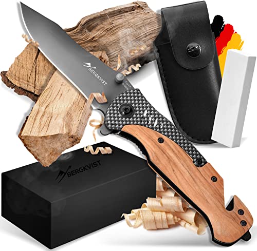 BERGKVIST® K39 Klappmesser (Einhandmesser) in der Waldholz-Edition für Outdoor & Survival - scharfes 3-in-1 Taschenmesser mit Holz-Griff, Glasbrecher & Gurtschneider
