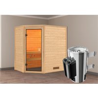 Woodfeeling Sauna Jella inkl. 3,6 kW Ofen mit integr. Strg., Glastür Bronziert