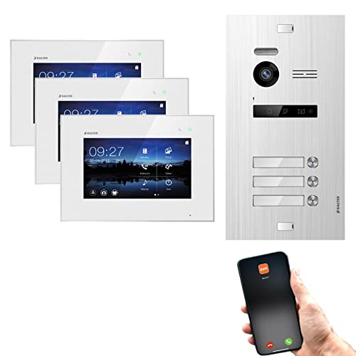 Balter EVO Silver Video-Türsprechanlage 7" WiFi Monitor Touchscreen 2-Draht Bus Komplettsystem für 3 Familienhaus (3x7 WiFi Videostation, Türstation, EVO-C4001 Hauptstromverteiler) App Steuerung