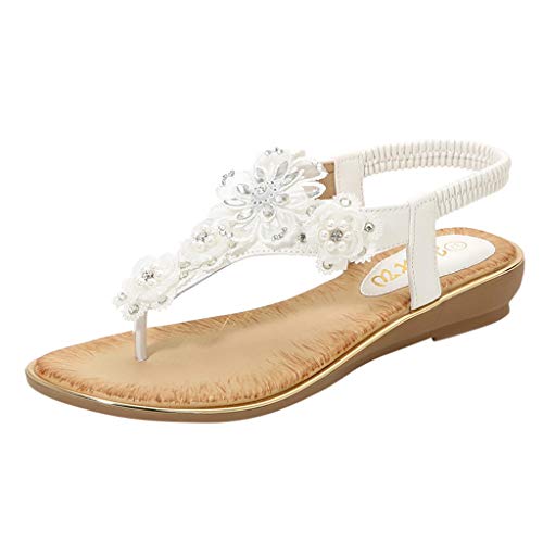 Sandalen Frauen Sommer Blume Kristall Perle Flip Flops Strand Freizeitschuhe (41,Weiß)