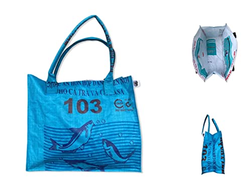 LK Trend & Style Einkaufstasche aus recyceltem Reissack nachhaltig Upcycling 100 Prozent Fair Trade BEADBAGS wetterfest und strapazierfähig (BLAU - Fisch)