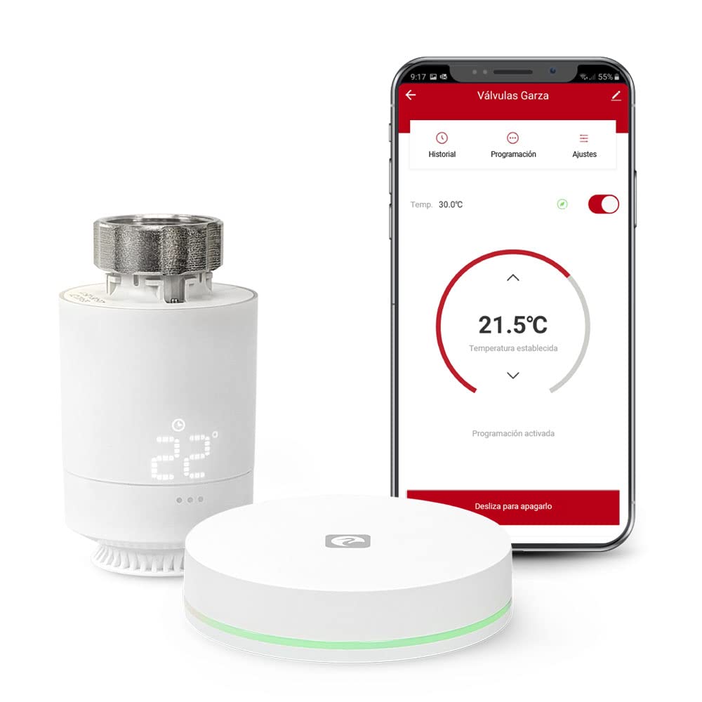 Garza Smart Intelligenter Thermostatkopf für Heizkörper + Bridge Zigbee 3.0, kompatibel mit Alexa & Google, programmierbar, LED-Display, automatische Heizungssteuerung, App-Steuerung