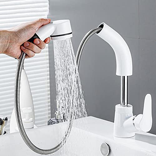 Wasserhahn Bad mit Herausziehbarer Brause Messing 2 Modi Heiß und Kalt Mischbatterie Bad Waschbecken Für Badezimmer Becken-Weiß