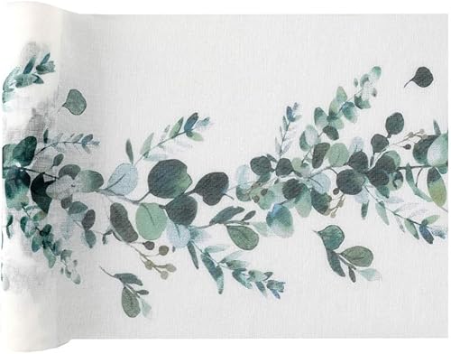 Miss Lovely Tischläufer Tischdecke Tischband mit Eukalyptus Blättern Botanical Natural Living in weiß & grün Tisch-Dekoration Frühling Sommer Ostern Hochzeit 3 Rollen = 9m