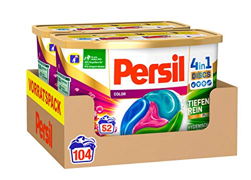 Persil 4in1 DISCS Color, Colorwaschmittel, 104 (2 x 52) Waschladungen für Fleckenentfernung, Leuchtkraft, Frische, Faserpflege und hygienisch reine Wäsche