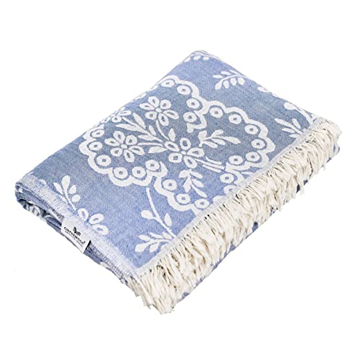 Carenesse Tagesdecke Paisley blau, 150 x 200 cm,100% Baumwolle, leichte dünne beidseitig schöne Decke mit kurzen Fransen, Überwurf für Bett Sofa und Couch, Tischdecke, Dekodecke