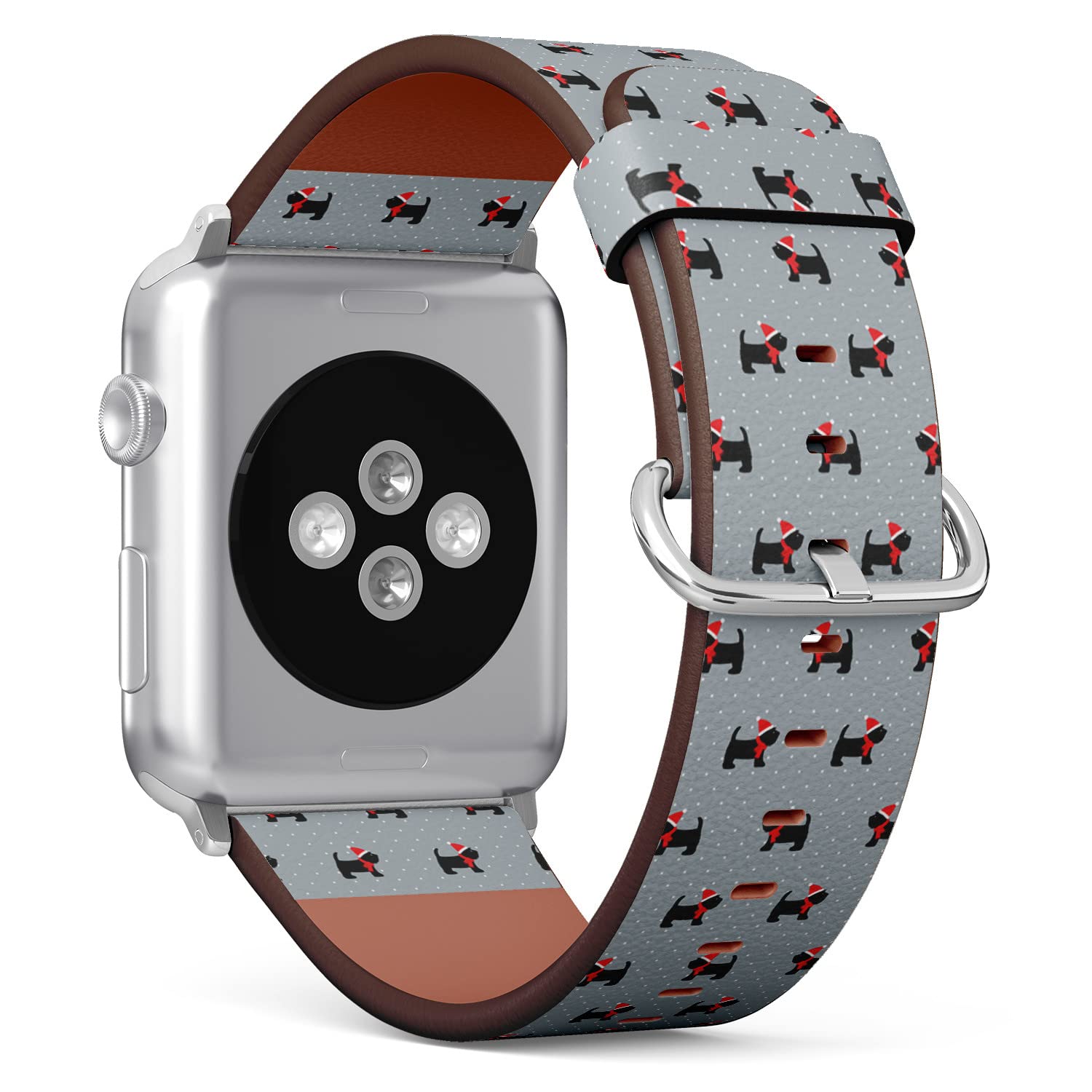 IKIKI-TECH Kompatibel mit Apple Watch Armband 38 mm, 40 mm, 41 mm (Scottish Terrier Xmas Hat Muster) Ersatzarmband aus veganem Leder für iWatch Series 8 7 6 5 4 3 2 1 Ultra SE