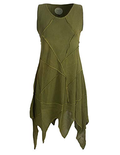 Vishes - Alternative Bekleidung - Armloses Einfarbiges Patchwork Zipfelkleid aus handgewebter Baumwolle Olive 50