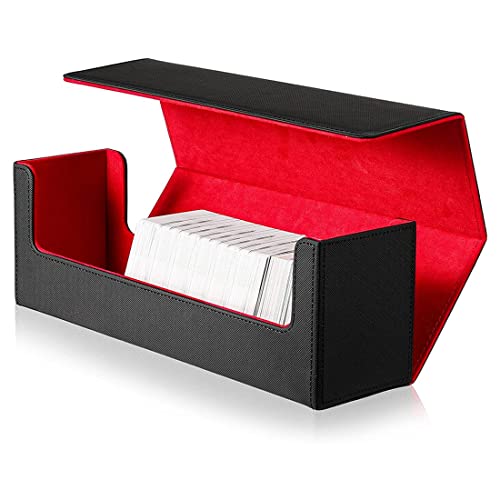 Melitt Schreibtischbox mit 400 Karten, Schreibtischbox, Karten-Aufbewahrungsbox, Deckbox, PU-Leder, Deckbox für Sammelkartenspiele (schwarz + rot)