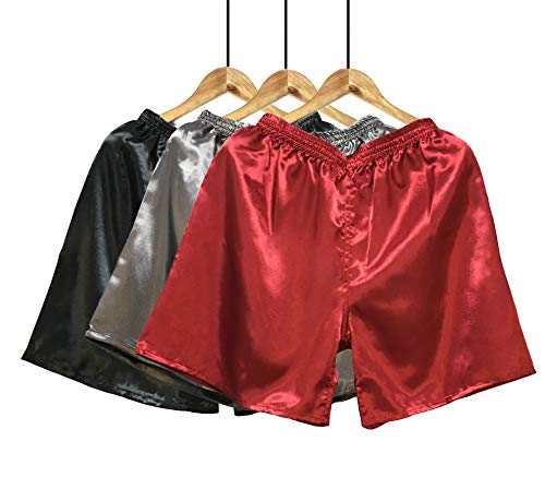 Wantschun Herren Satin Silk Schlafanzughose Nachtwäsche Boxershorts Kurz Pyjama Bottom Shorts Locker Unterhosen Unterwäsche Rot+Grau+Schwarz EU 3XL