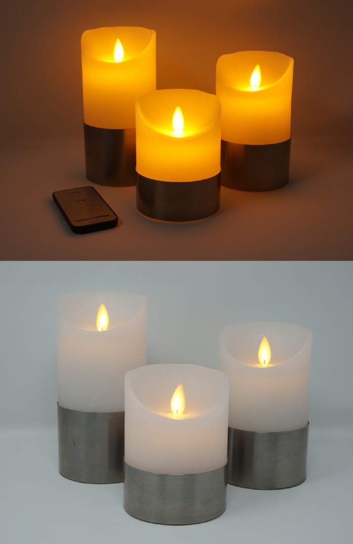 3x flammenlose LED echtwachs Kerzen weiß mit Silberring Stumpenkerzen mit realer Flammenoptik und Fernbedienung