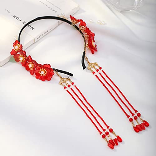 OUSIKA Retro chinesischer Stil rote Blume Blatt Perlen lange Quaste Anhänger handgemachte Haarbänder Hanfu Kleid Stirnbänder for Frauen als Show Zubehör
