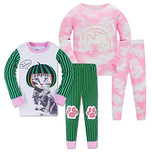Mädchen Schlafanzug Dinosaurier Nachtwäsche 100% Baumwolle PJs für Kinder Pyjama Langarm 4-teiliges Set, Pinkes Batik-Einhorn + Katze, 14 Jahre
