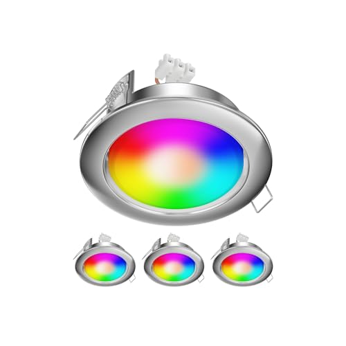 ledscom.de Einbauring Zobe II flach edelstahl matt + RGB Leuchtmittel warmweiß - kaltweiß (2900-6200), Smart Home - 107mmØ Loch 90mmØ, 4 Stk.