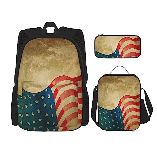 TOMPPY Rucksack-Set mit amerikanischer Flagge, 4. Juli, bedruckt, 3-teilig, Schultaschen mit Lunchbox und Federmäppchen, Schwarz , Einheitsgröße, Schulranzen-Set