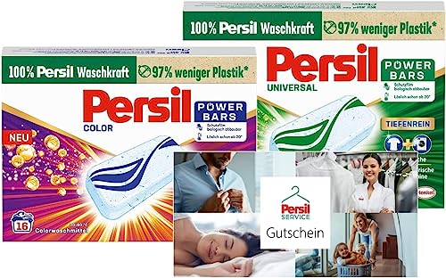 Persil Power Bars Universal Waschmittel (16 Waschladungen), vordosiertes Vollwaschmittel & Persil Power Bars Color Waschmittel (16 Waschladungen)+ ein 10 € Persil Service Gutschein