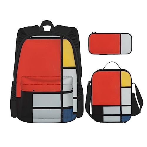 PartyUnix Zusammensetzung in rot gelb blau und schwarz Rucksack 3-teilig Schulranzen mit Brotdose und Federmäppchen Set =>> geeignet für Jungen und Mädchen, Schwarz , Einheitsgröße, Kinderrucksack