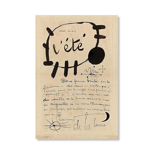 ZENCIX Berühmte Joan Miro Poster und Drucke Abstrakt《Schwarz Beige》Wandkunst Joan Miro Leinwandgemälde Joan Miro Bilder für Wohnkultur 60x80cm Kein Rahmen