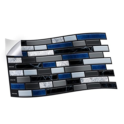 WALPLUS 12 Stück (28,5 x 14 cm) Lux Touch Grau und Blau Marmor Lange Mosaik Wandfliesen Aufkleber Peel & Stick Backsplash Vinyl Home Decor Splashback für Küche Bad Fliesen Paint Stick auf Wand