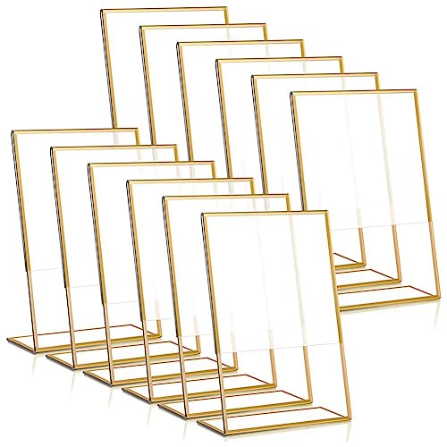 Yheonver 12 Stück Acryl-Schilderhalter mit Goldenem Rahmen, Hochzeits-Tischnummernhalter, Schräges Menü, Doppelseitiger Ständer, 10,2 X 15,2 Cm, Vertikal
