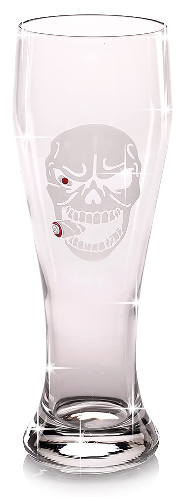 Design Kristall Weizenbierglas Smoking Skull, Bierglas mit Totenkopf rauchend