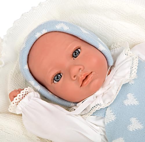 ARIAS - 40 cm Reborn Ian Puppe mit weißer Decke, Baby mit Vinylkörper, Blonder Pelz, weißer und rosa Kleidung, Schnuller und Schnuller, Spielzeug für Kinder ab +3 Jahren (ARI98142)