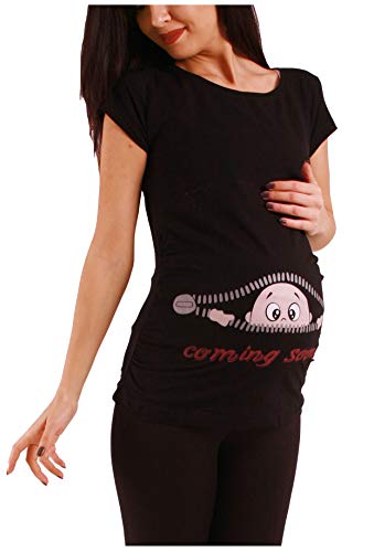 Coming Soon - Lustige witzige süße Umstandsmode mit Motiv Umstandsshirt für die Schwangerschaft T-Shirt Schwangerschaftsshirt, Kurzarm (Schwarz, X-Large)
