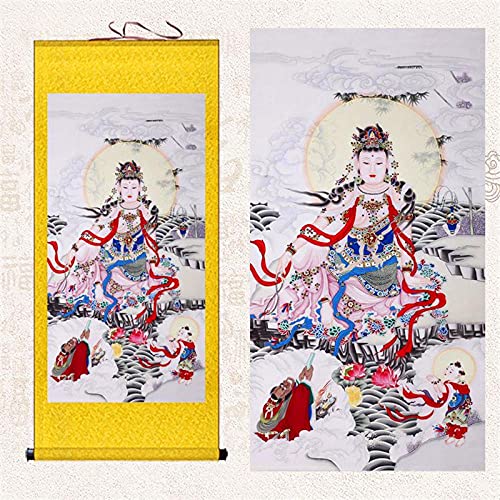 Rollbilder, Feng Shui tibetischer Thangka, tibetischer Thangka-Wandbehang, Mythologie Geschichte Guanyin Buddha-Gemälde Malerei Seidenrolle Zeichnung Dojo Decorat (Color : Golden)