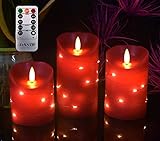 Rote flammenlose Kerze mit eingebetteter Sternenlichtschnur, 3 LED-Kerzen, 10-Tasten-Fernbedienung, 24-Stunden-Timer-Funktion, tanzende Flamme, echtes Wachs, batteriebetrieben.