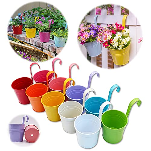 GIOVARA Groß Metall-Blumentopf Vase Eimer zum Aufhängen, Garten-Pflanzgefäß mit Drainageloch, Balkon-Heimdekoration, Abnehmbarer Haken (10 Stück im Sortiment in 10 Farben)