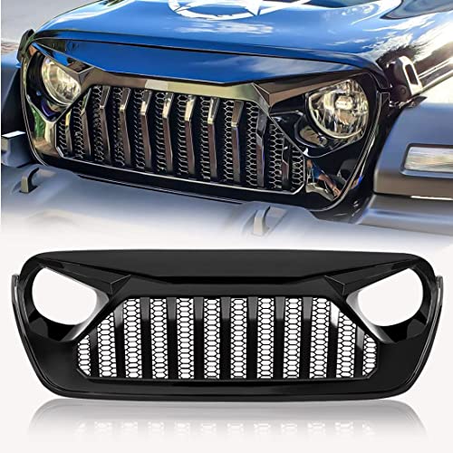 TDHLW Frontgrill Angry Grille Cover w/Mesh für Jeep Wrangler JL JLU 2018-2021 & Unlimited Rubicon Sahara Sports,Glossy Black
