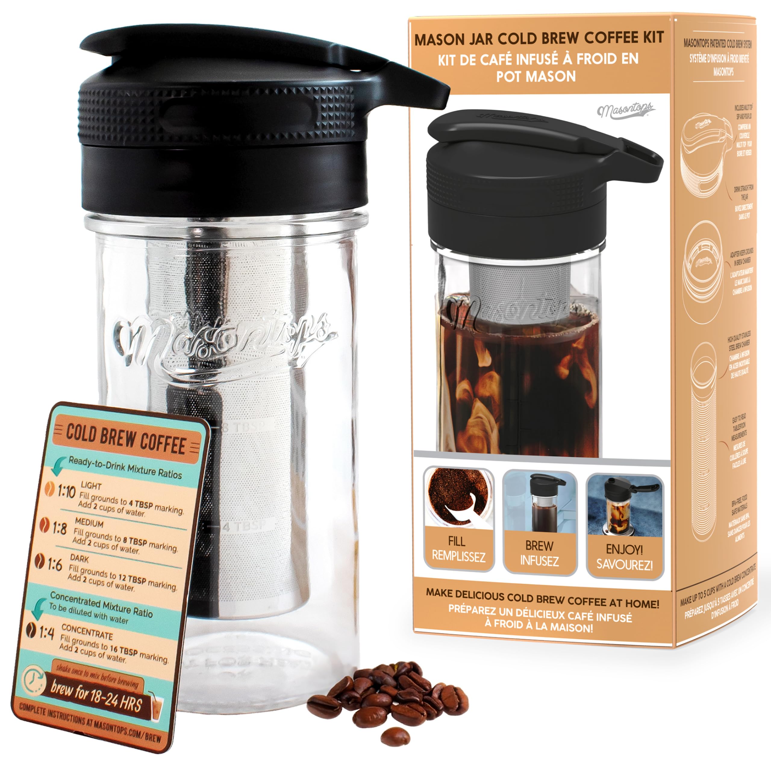 Masontops Cold Brew Makers Kit – Deluxe-Eiskaffeemaschine mit Glaskrug und Edelstahl-Mesh-Filter – einfaches Ausgießen des Kühlschranks, Kaltbrauersystem